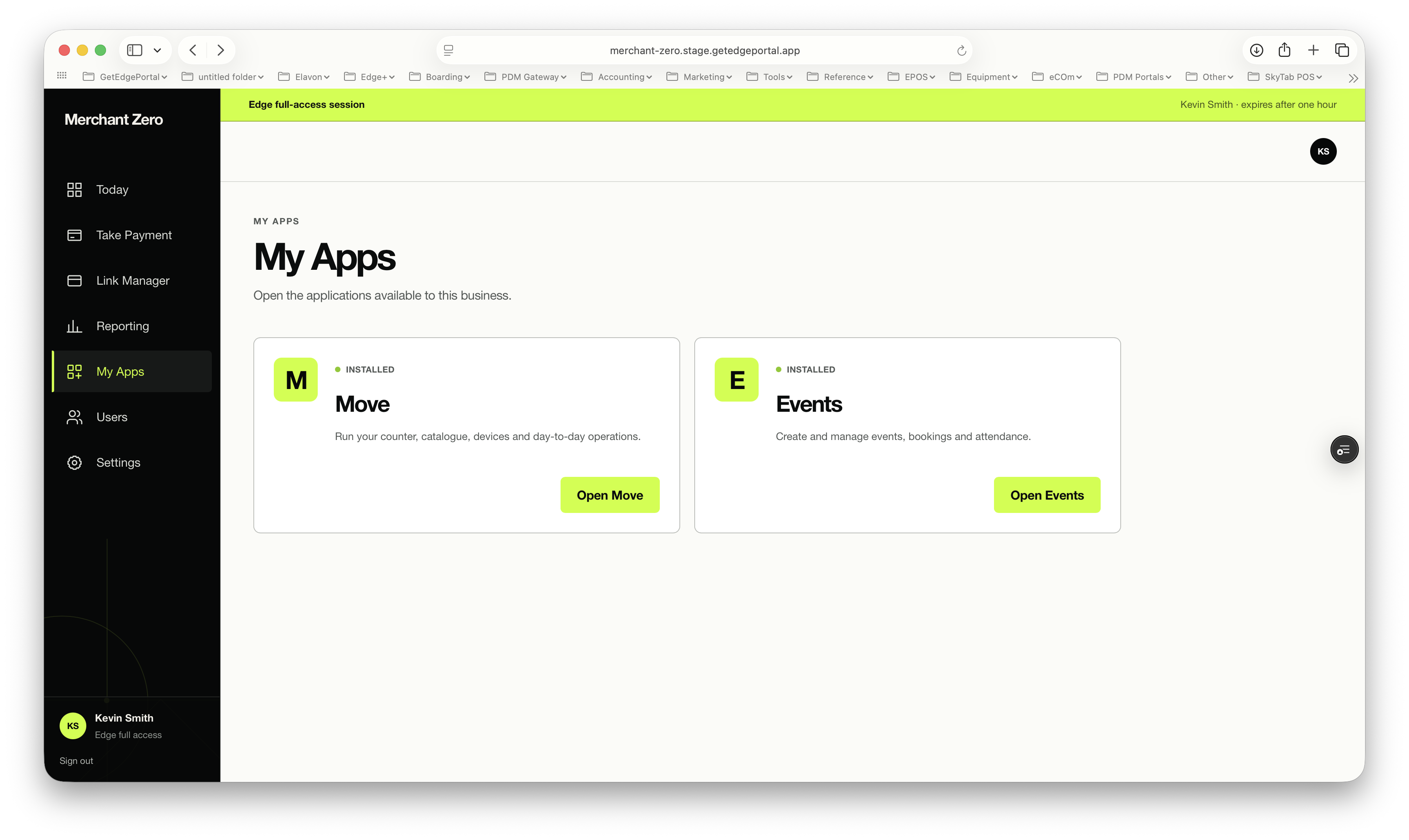 GetEdge Portal My Apps screen showing Move and Events applications