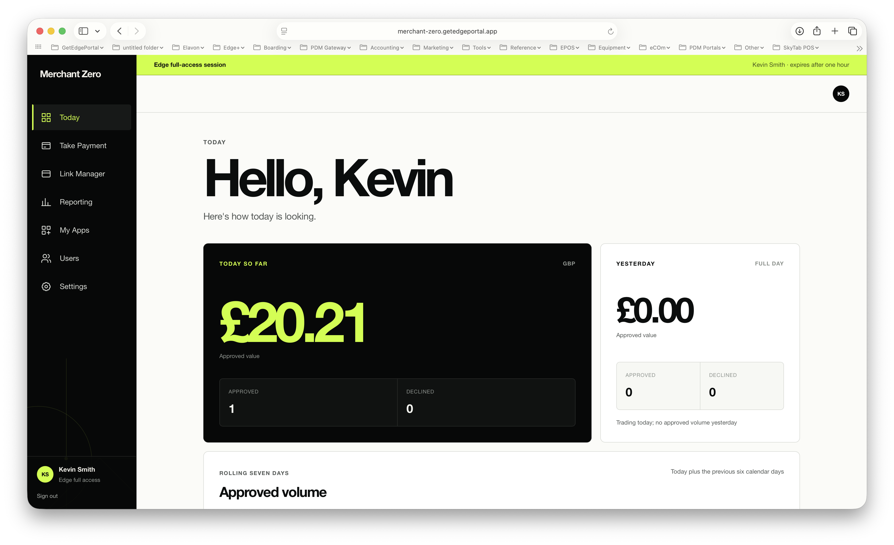 GetEdge Portal Today screen showing approved value and rolling seven day volume